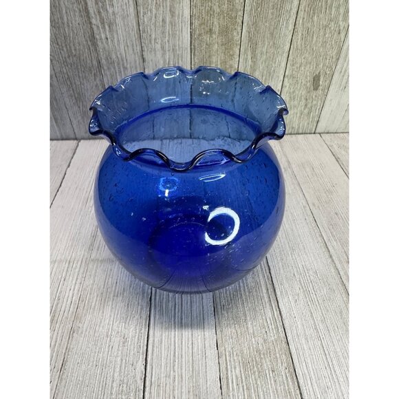 Vintage Cobalt Blue Bubble Glass Vase With Ruffled Collar 5.5" Tall Round Decor - Picture 2 of 7